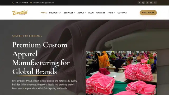 Home page of the Essential Apparel website on a desktop screen