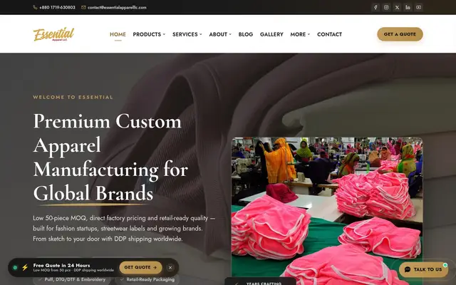 Home page of the Essential Apparel website on a desktop screen