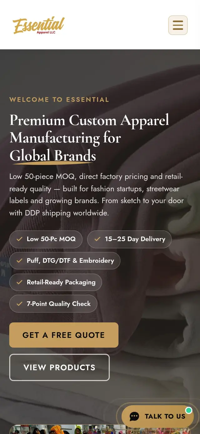 Home page of the Essential Apparel website on a phone