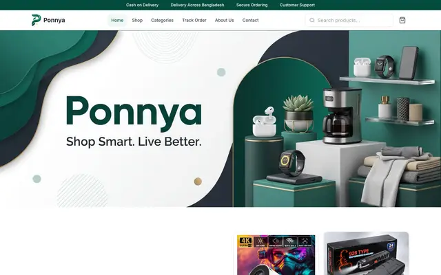 Home page of the Ponnya website on a desktop screen