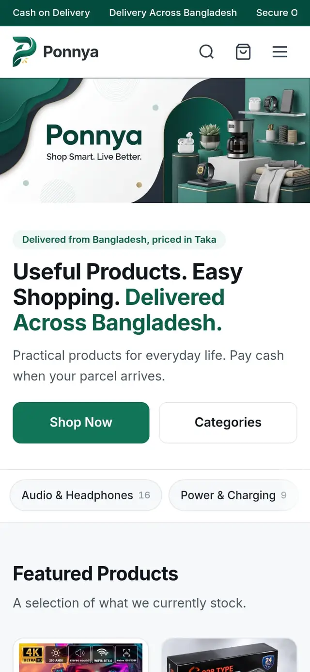 Home page of the Ponnya website on a phone