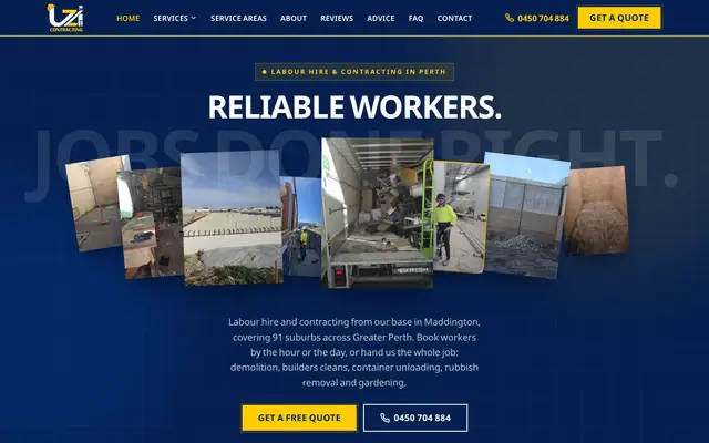Home page of the UZI Contracting website on a desktop screen
