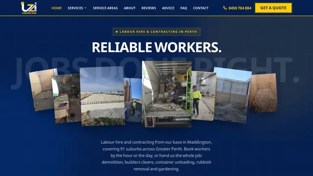 Home page of the UZI Contracting website on a desktop screen