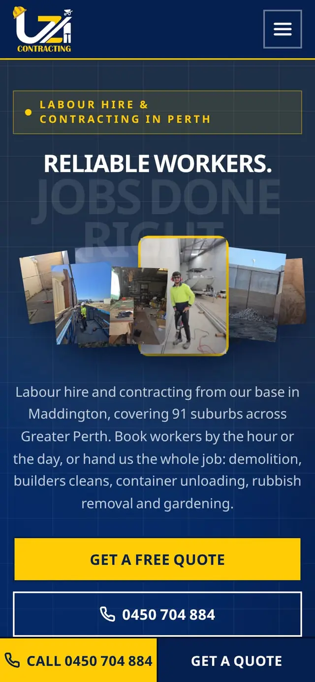 Home page of the UZI Contracting website on a phone